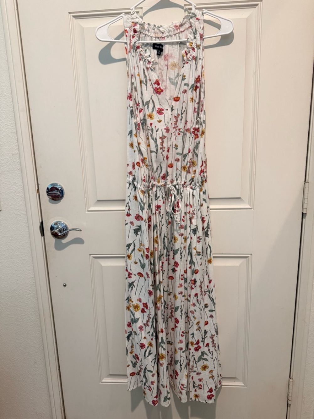 Well Worn White Floral Maxi Dress with Red and Yellow Accents
